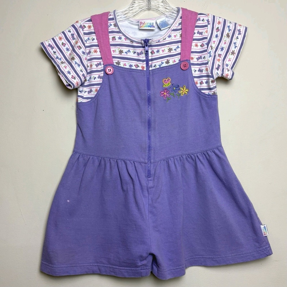 Palettes Jumper Romper Girls Size 6 Purple Floral Embroidered Zip Front VTG